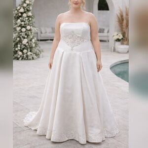 Eden Bridal White Satin Crystal Embroidered Strapless Corset Wedding Dress 20W